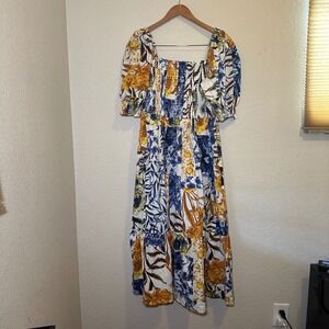 INC International Concepts Womens L Maxi Dress Puff Sleeve Patchwork Floral Boho